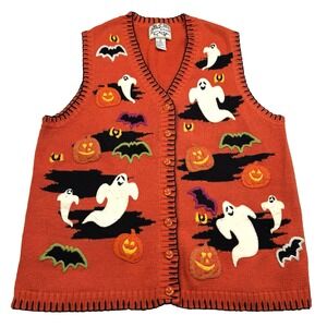 Halloween Sweater Vest Ghost Bat Pumpkin Heirloom Collectibles Womens Size Large